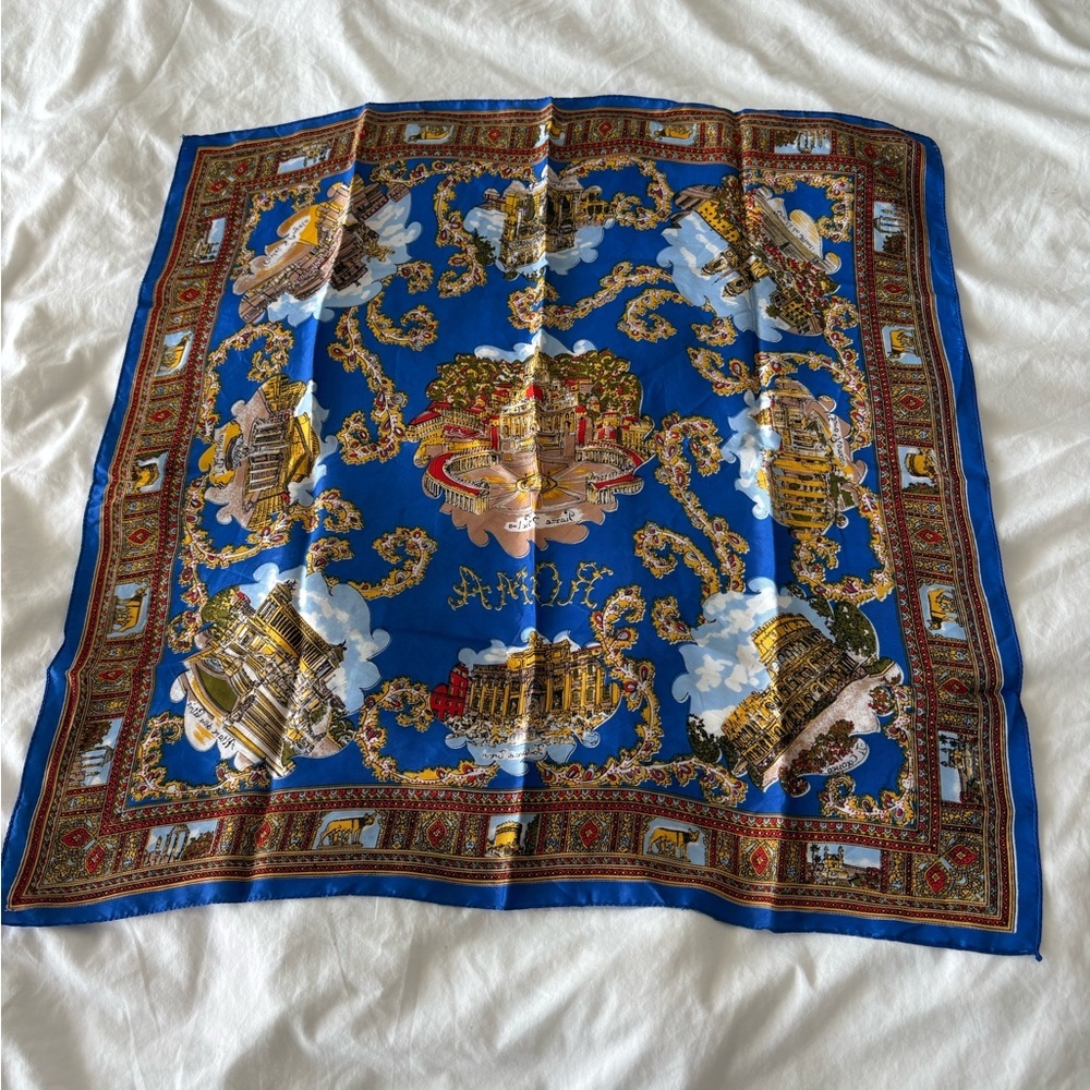 Vintage Italian Silk Feel Scarf - Vibrant Blue Roma Rome Landmark Souvenir - Picture 2 of 4